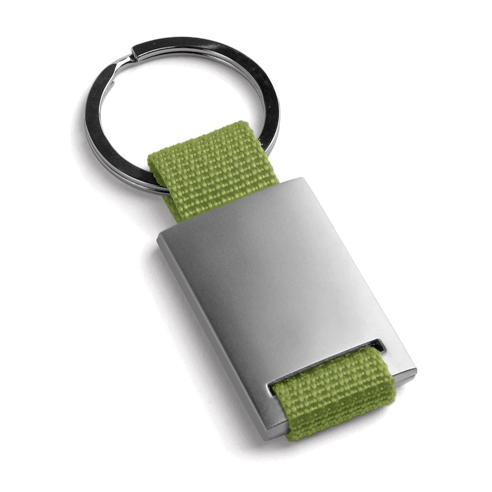 Chaveiros em metal e em webbing personalizados com a logo da empresa, na cor verde claro