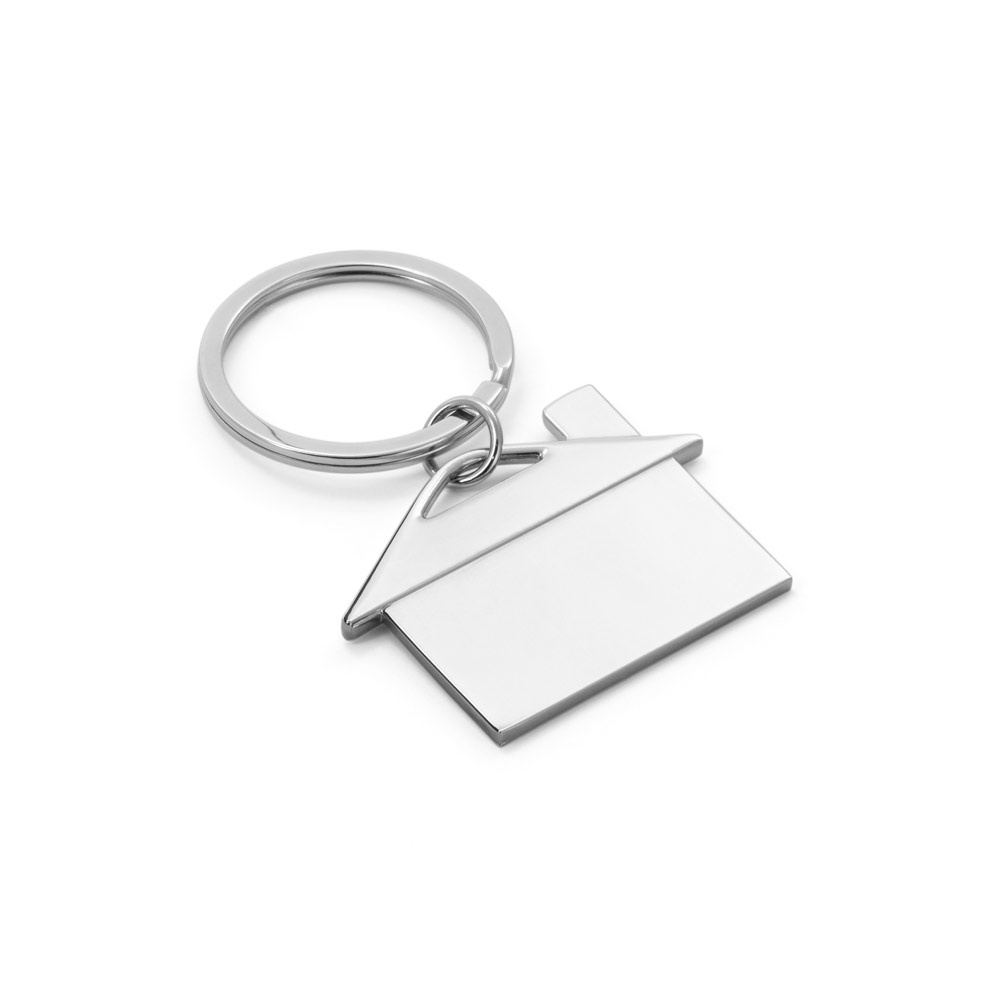 Chaveiro em metal em formato de casa personalizado com a logo da empresa, na cor cromado