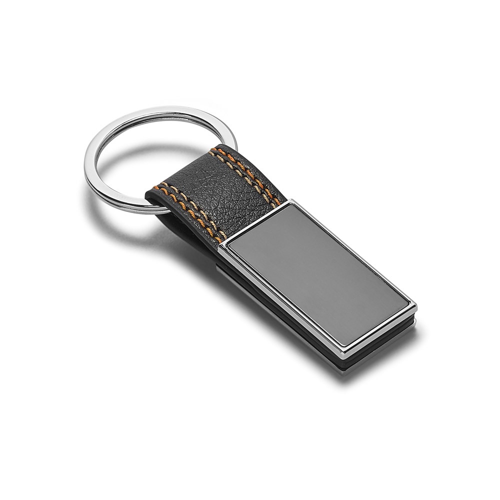 Chaveiro em metal e couro sintético personalizado com a logo da empresa, na cor laranja