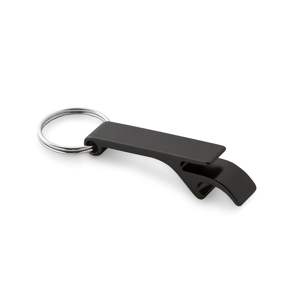 Chaveiro em alumínio com abridor de garrafas reto na cor Preto, personalizado com a logo da empresa