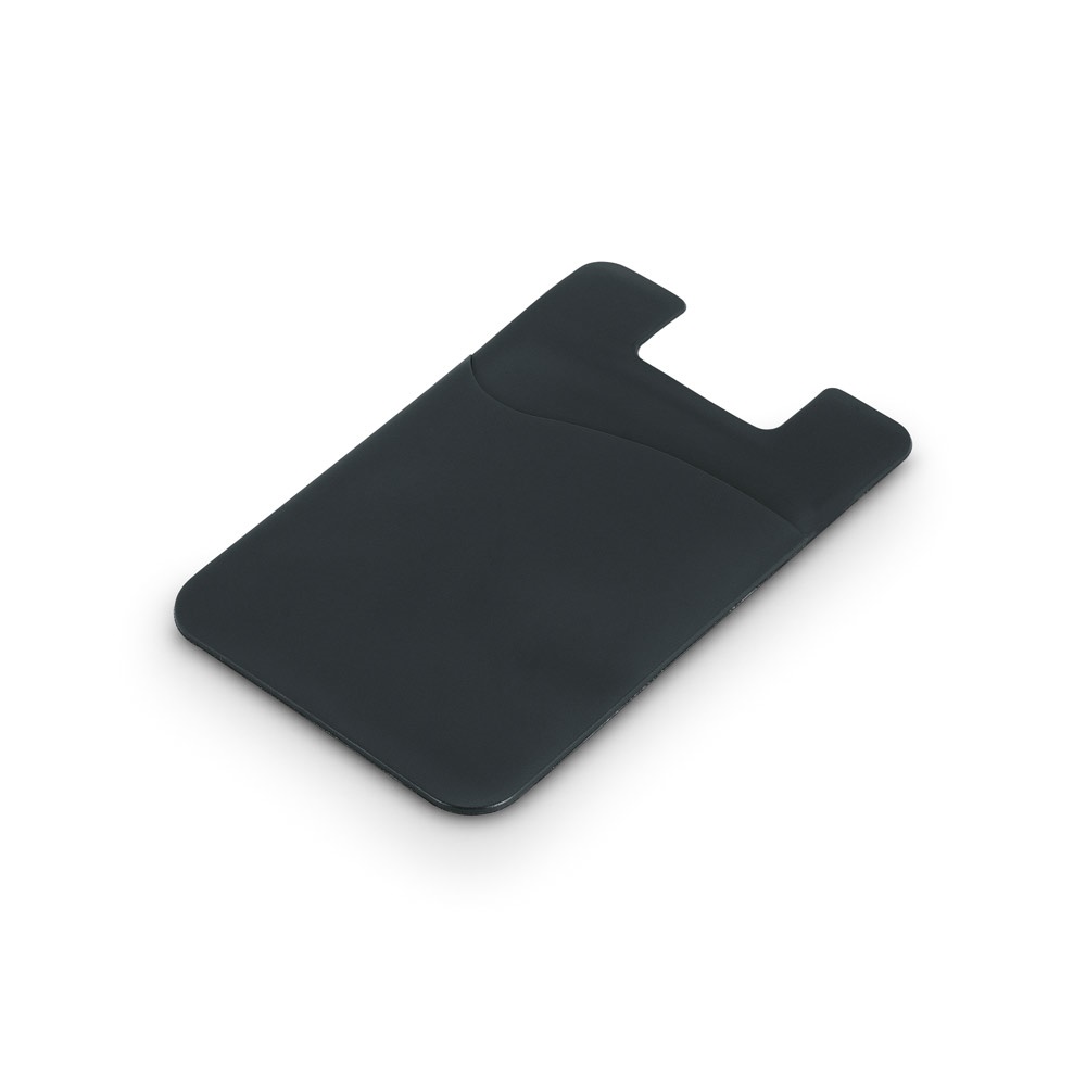 Porta cartões para celular em PVC na cor Preto, personalizado com a logo da empresa
