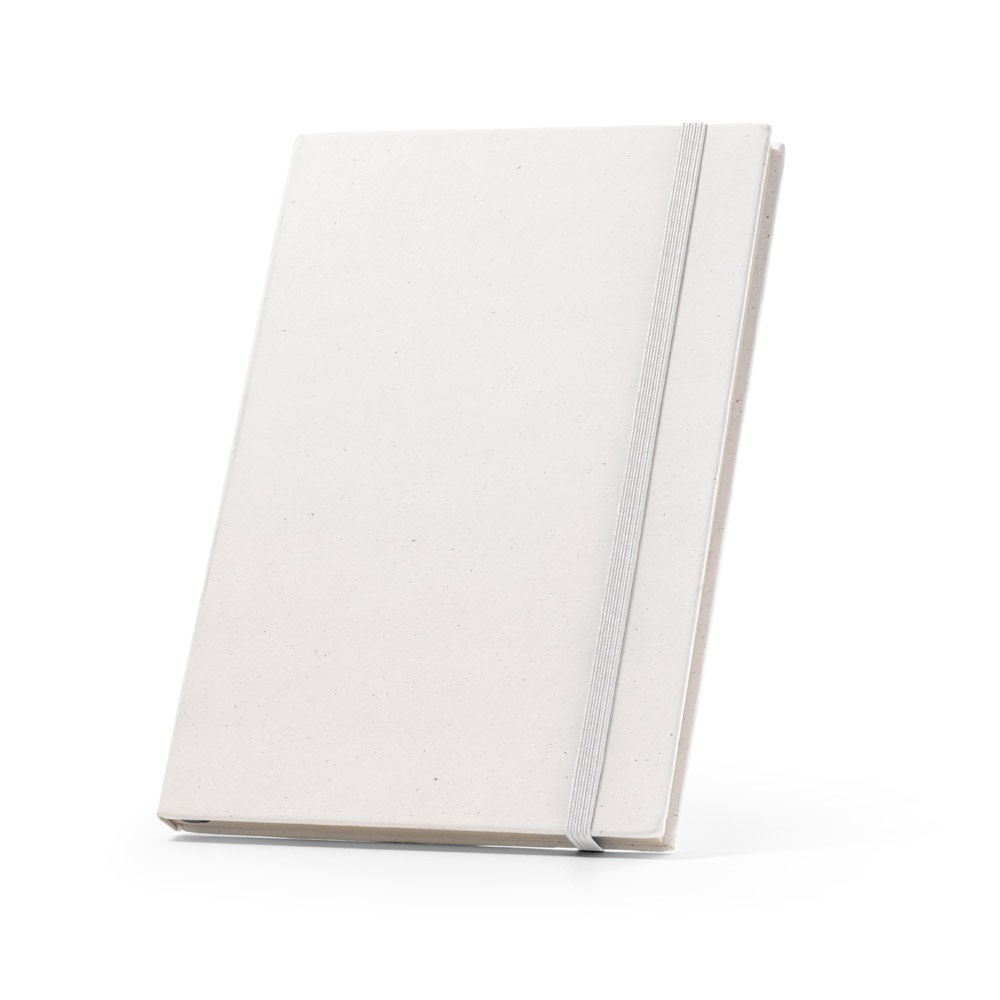 Caderno A5 de capa dura feita de embalagens de leite recicladas personalizado com a logo da empresa, na cor branco