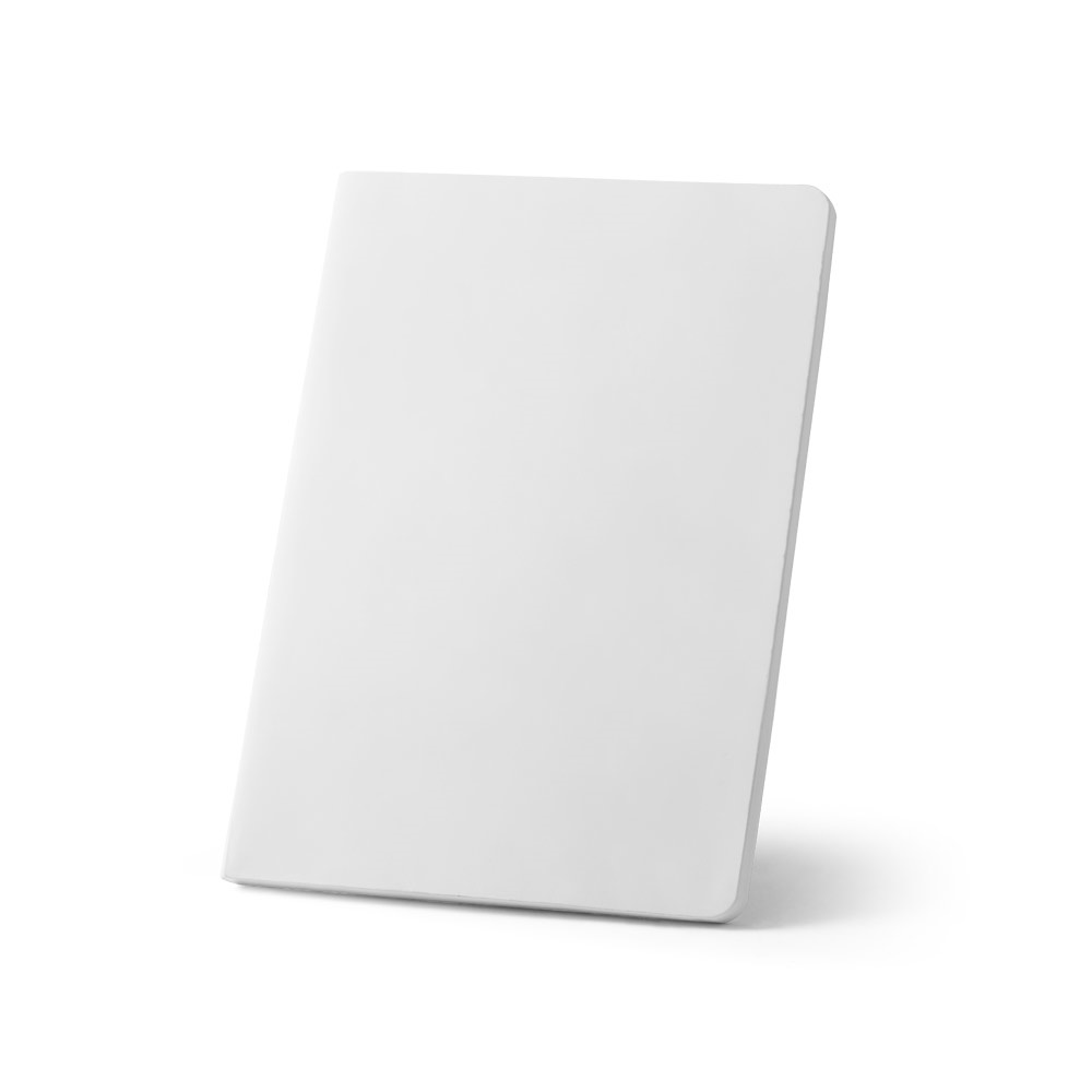 Caderno A5 de capa flexível em papel pedra (620g/m²) com 64 folhas na cor Branco, personalizado com a logo da empresa