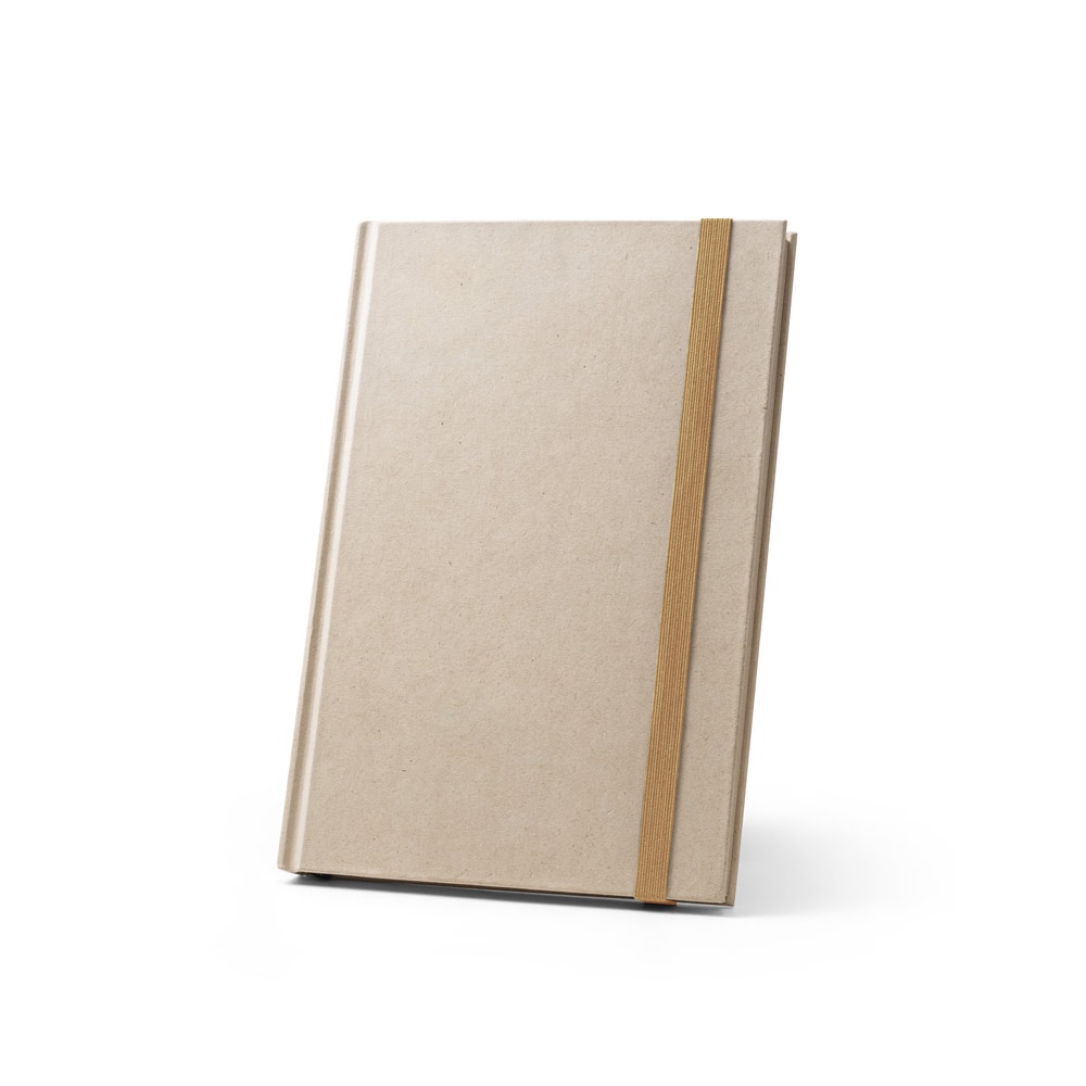 Caderno A5 de capa dura em papel à base de cana-de-açúcar (80% polpa da cana-de-açúcar) com páginas pautadas na cor Natural, personalizado com a logo da empresa