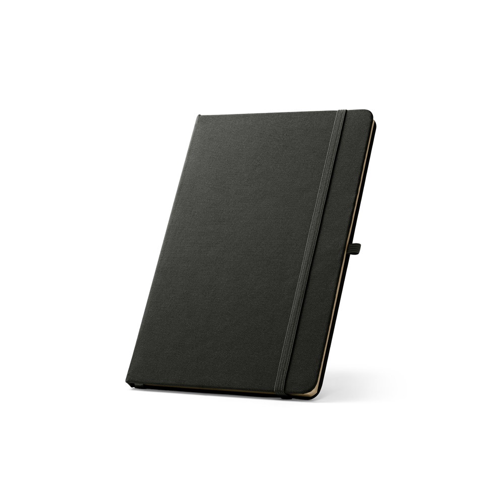Caderno A5 de capa dura em RPET 300D com porta-caneta e elástico na cor Preto, personalizado com a logo da empresa