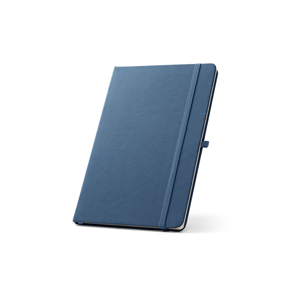 Caderno A5 de capa dura em RPET 300D com porta-caneta e elástico personalizado com a logo da empresa, na cor azul
