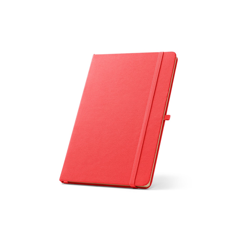 Caderno A5 de capa dura em RPET 300D com porta-caneta e elástico personalizado com a logo da empresa, na cor vermelho
