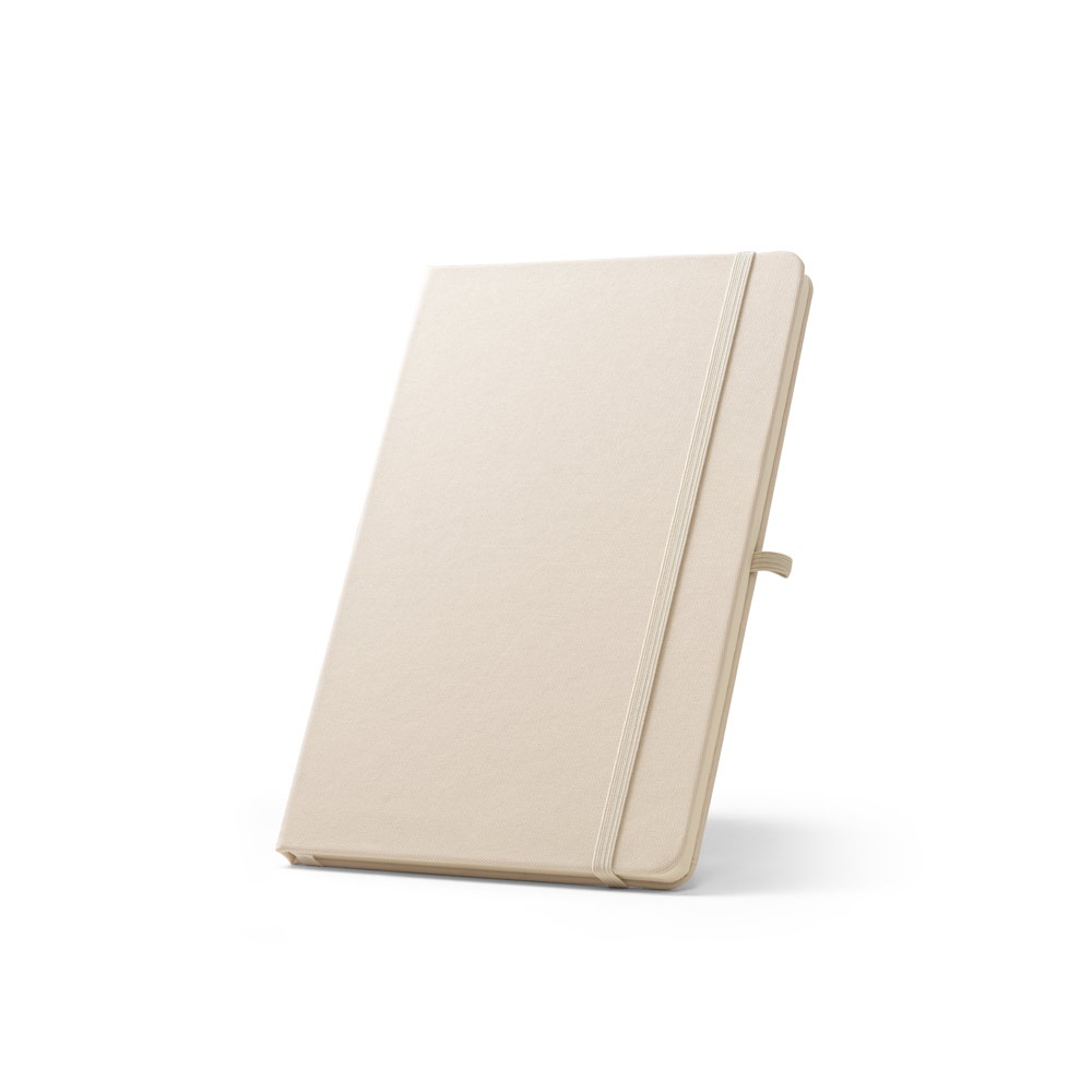 Caderno A5 de capa dura em RPET 300D com porta-caneta e elástico personalizado com a logo da empresa, na cor branco pastel