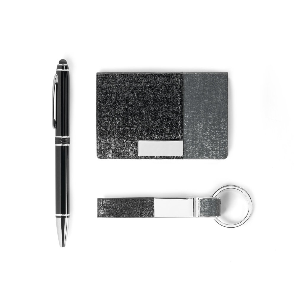 Kit de porta-cartões, chaveiro e caneta em couro sintético e metal personalizado com a logo da empresa