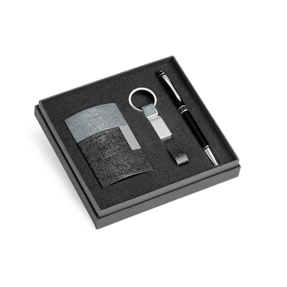 Kit de porta-cartões, chaveiro e caneta em couro sintético e metal na cor Cinza claro, personalizado com a logo da empresa