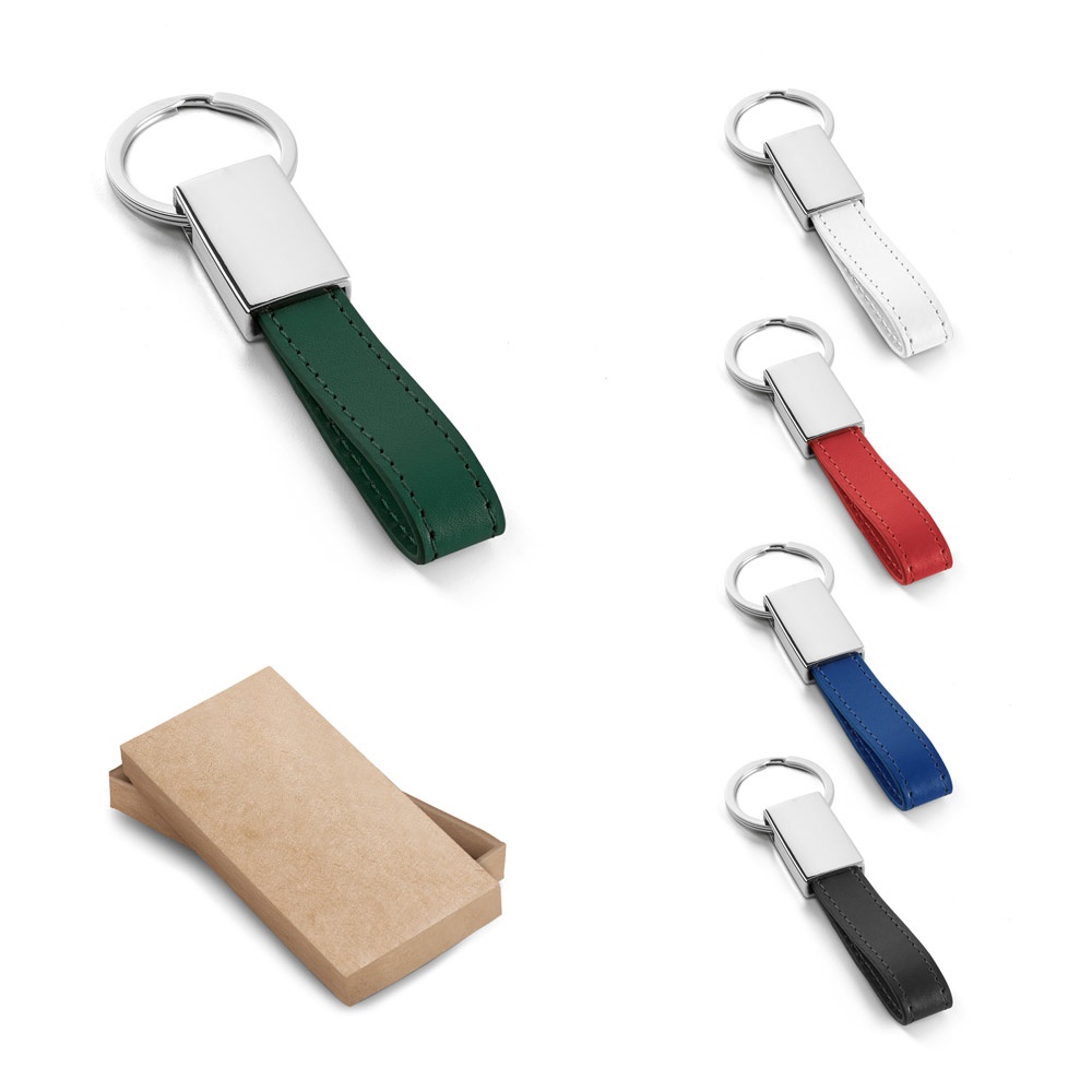 Chaveiro em metal e PU com detalhe em PU personalizado com a logo da empresa