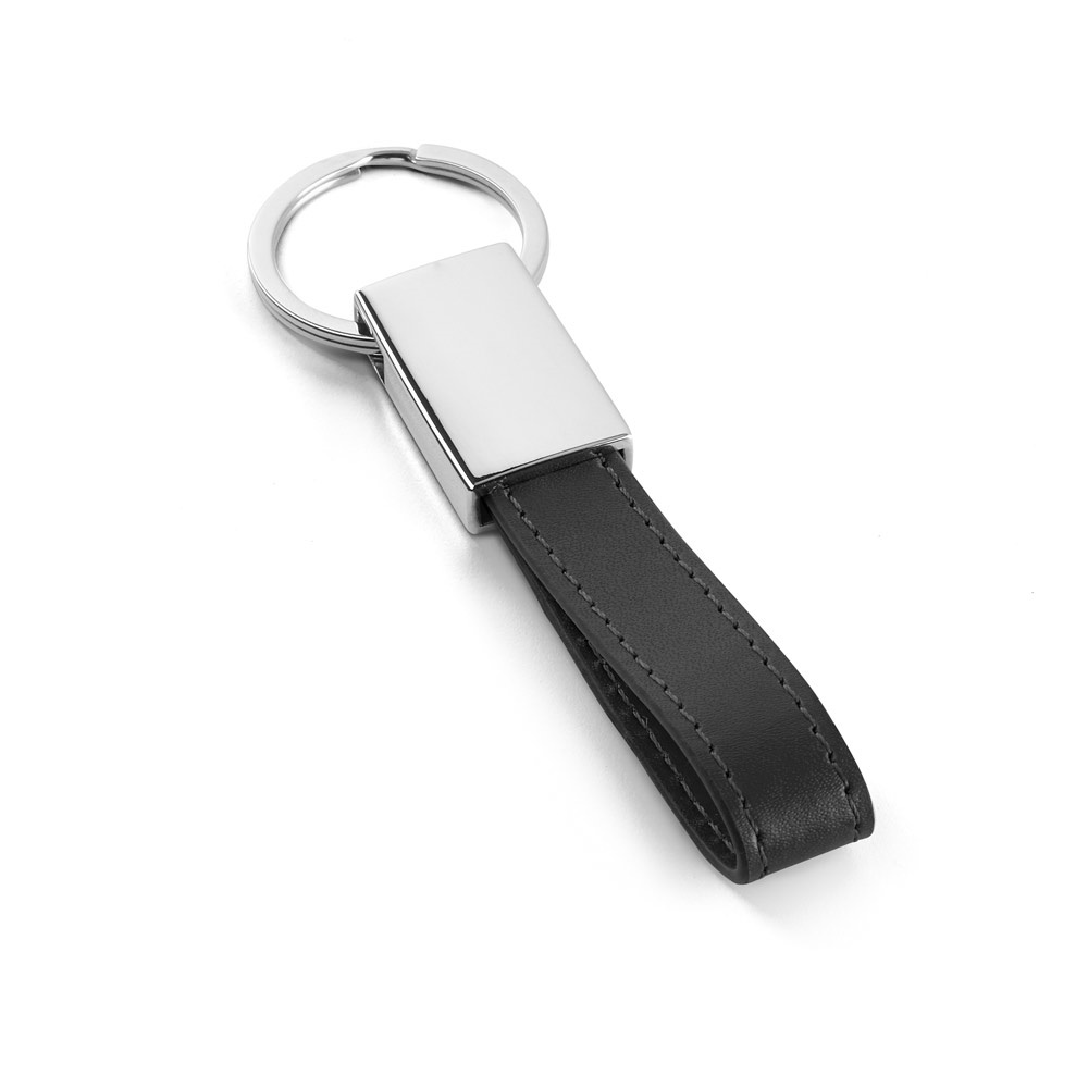 Chaveiro em metal e PU com detalhe em PU na cor Preto, personalizado com a logo da empresa