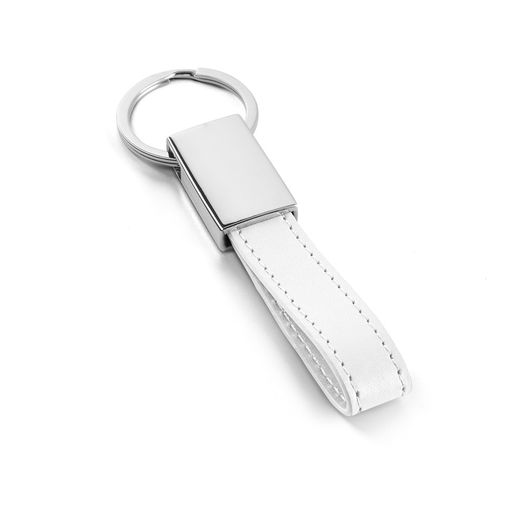 Chaveiro em metal e PU com detalhe em PU personalizado com a logo da empresa, na cor branco