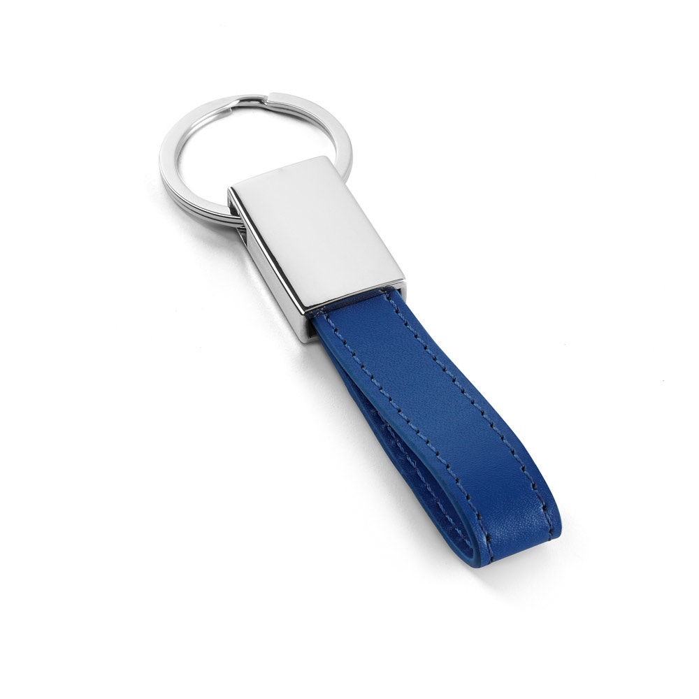 Chaveiro em metal e PU com detalhe em PU personalizado com a logo da empresa, na cor azul royal