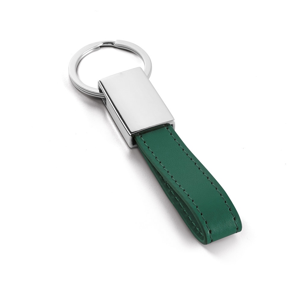 Chaveiro em metal e PU com detalhe em PU personalizado com a logo da empresa, na cor verde escuro
