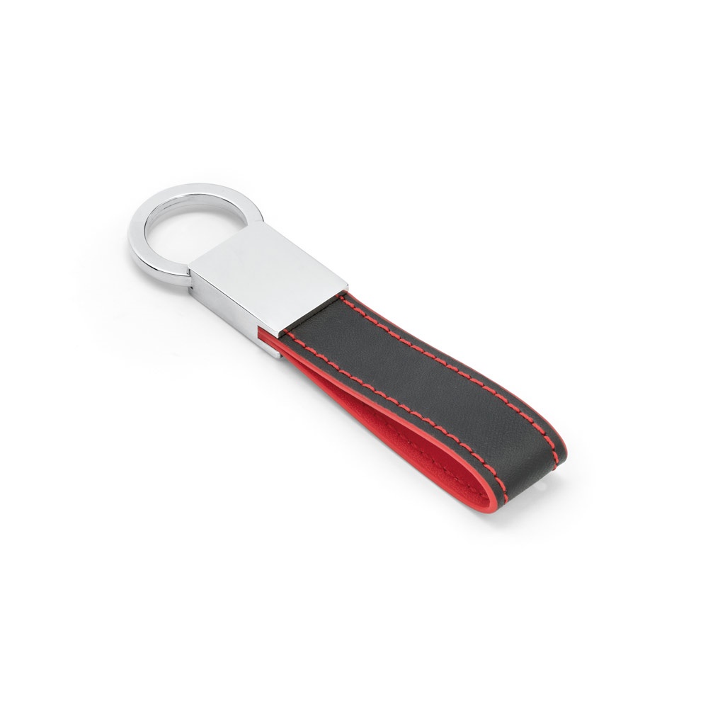 Chaveiro giratório em couro sintético e metal com mosquetão personalizado com a logo da empresa, na cor vermelho