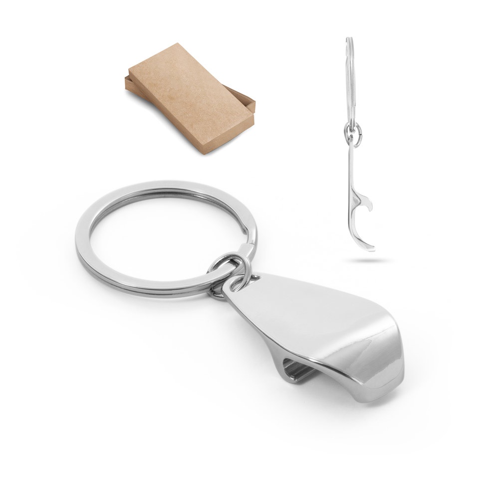 Chaveiro em metal com abridor de garrafas em embalagem kraft personalizado com a logo da empresa