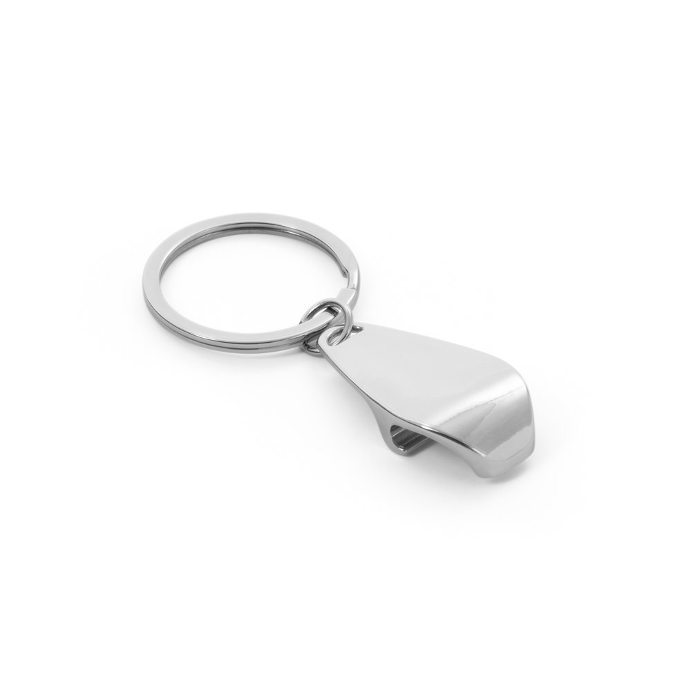 Chaveiro em metal com abridor de garrafas em embalagem kraft na cor Cromado, personalizado com a logo da empresa