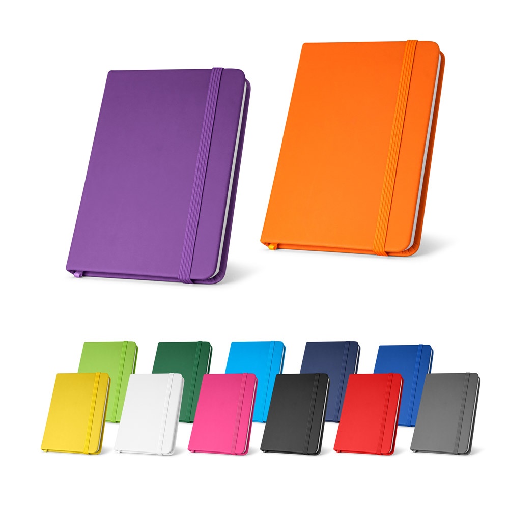 Caderno de bolso em couro sintético com páginas lisas e elástico personalizado com a logo da empresa