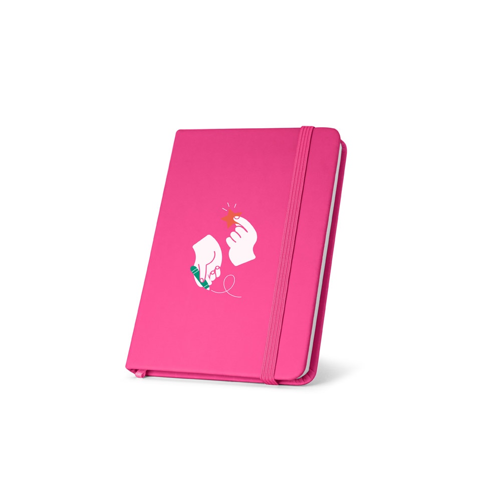 Caderno de bolso em couro sintético com páginas lisas e elástico personalizado com a logo da empresa, na cor rosa