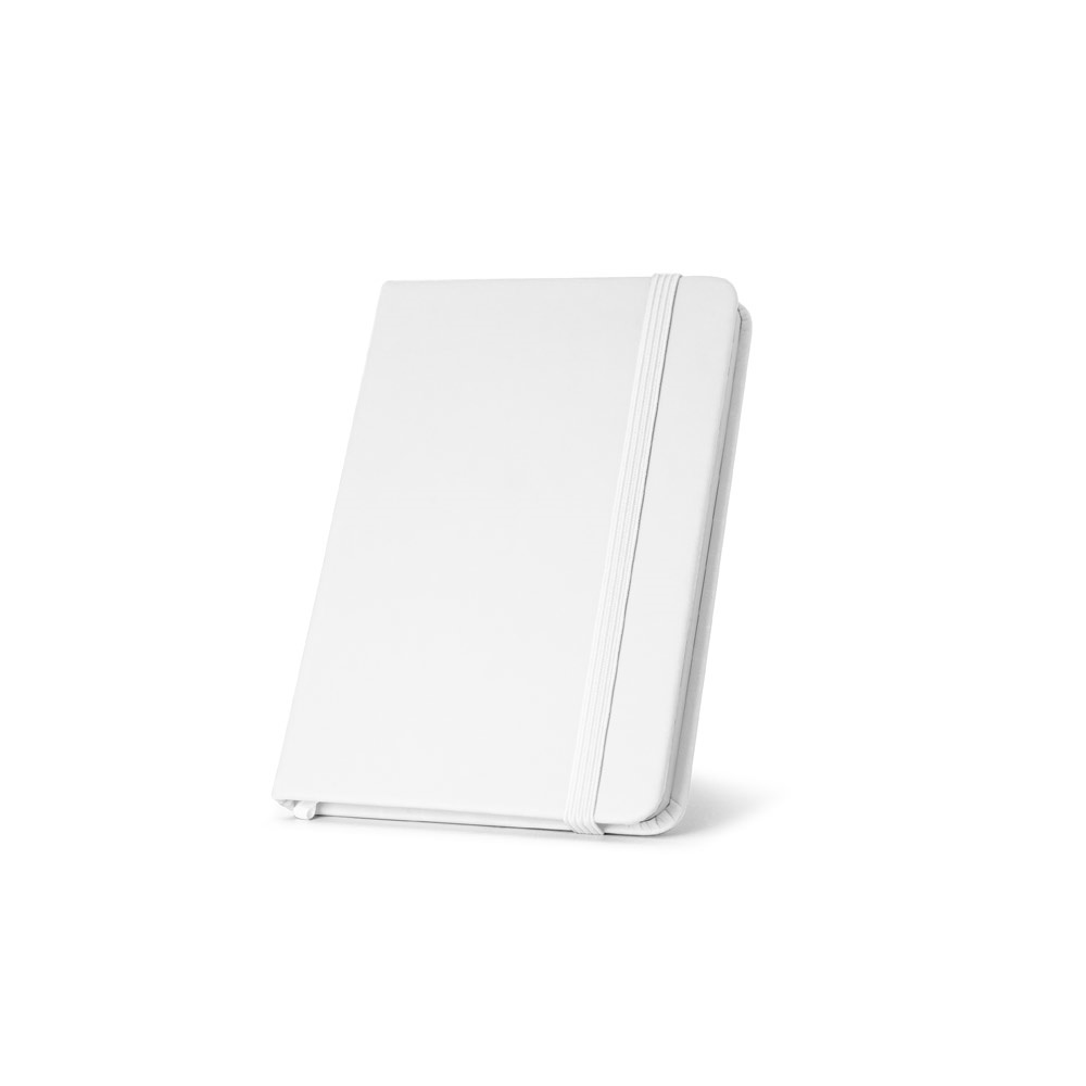 Caderno de bolso em couro sintético com páginas lisas e elástico na cor Branco, personalizado com a logo da empresa