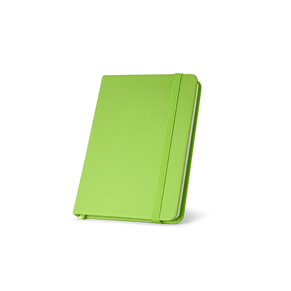 Caderno de bolso em couro sintético com páginas lisas e elástico personalizado com a logo da empresa, na cor verde claro