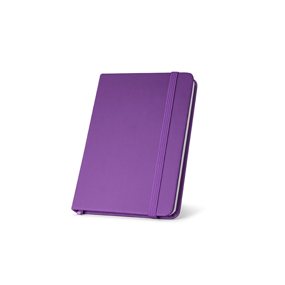 Caderno de bolso em couro sintético com páginas lisas e elástico personalizado com a logo da empresa, na cor roxo