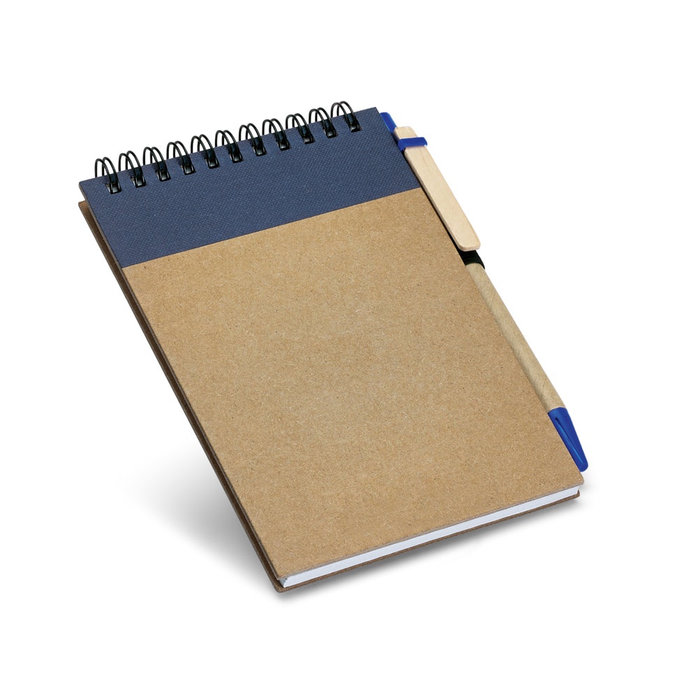 Caderno de bolso espiral de capa dura, com páginas lisas recicladas personalizado com a logo da empresa, na cor azul
