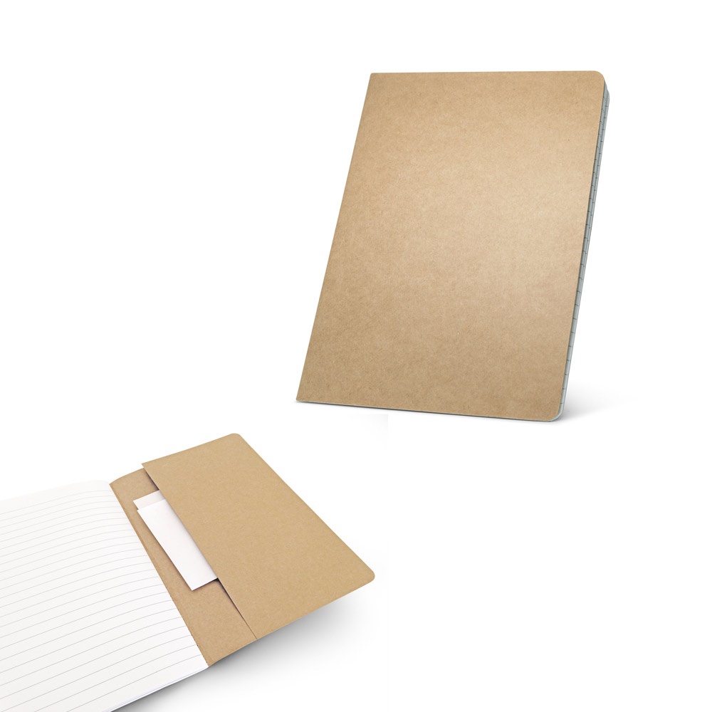 Caderno A5 de capa flexível em kraft reciclado com bolso interior personalizado com a logo da empresa