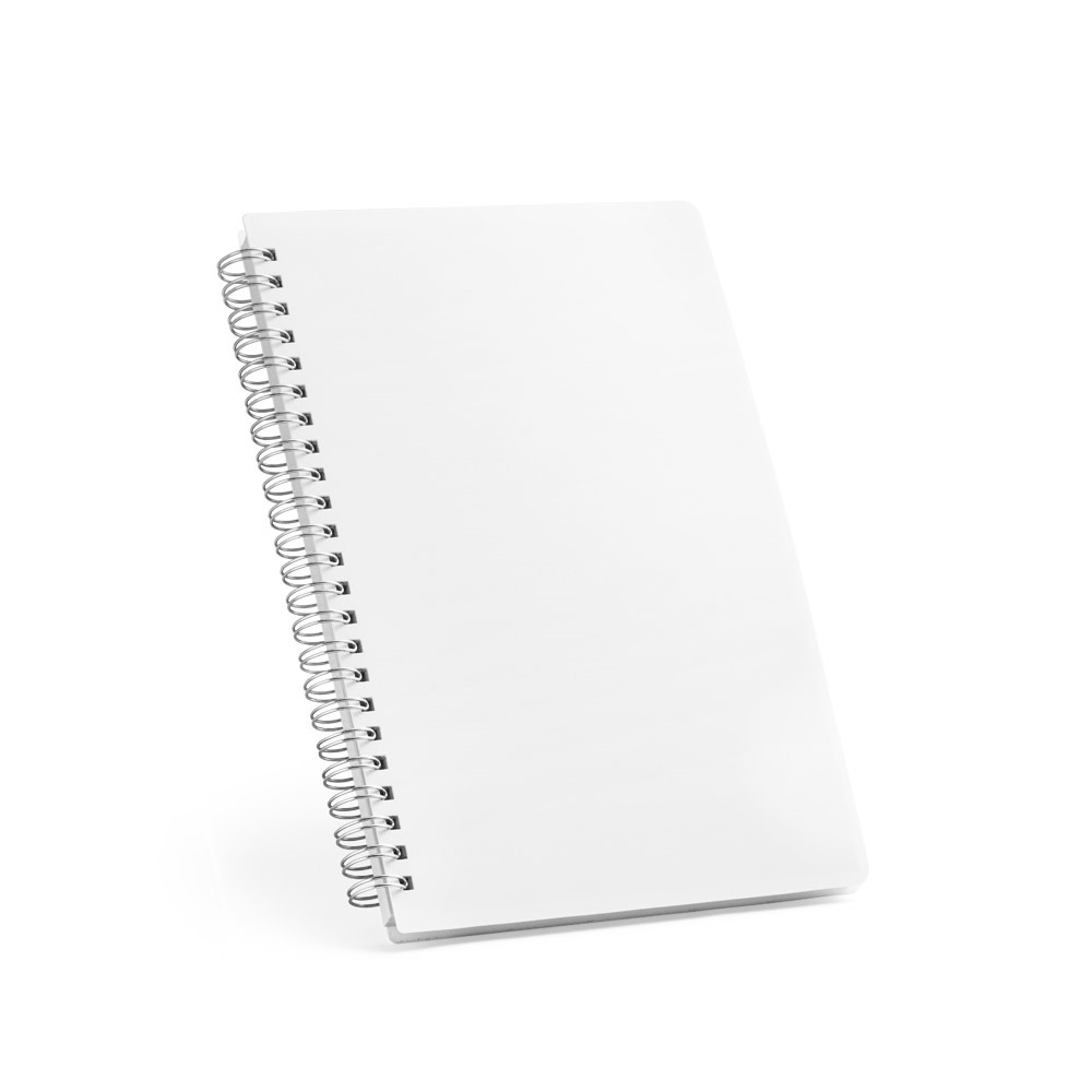 Caderno A5 de capa flexível em PP com tratamento antibacteriano na cor Branco, personalizado com a logo da empresa