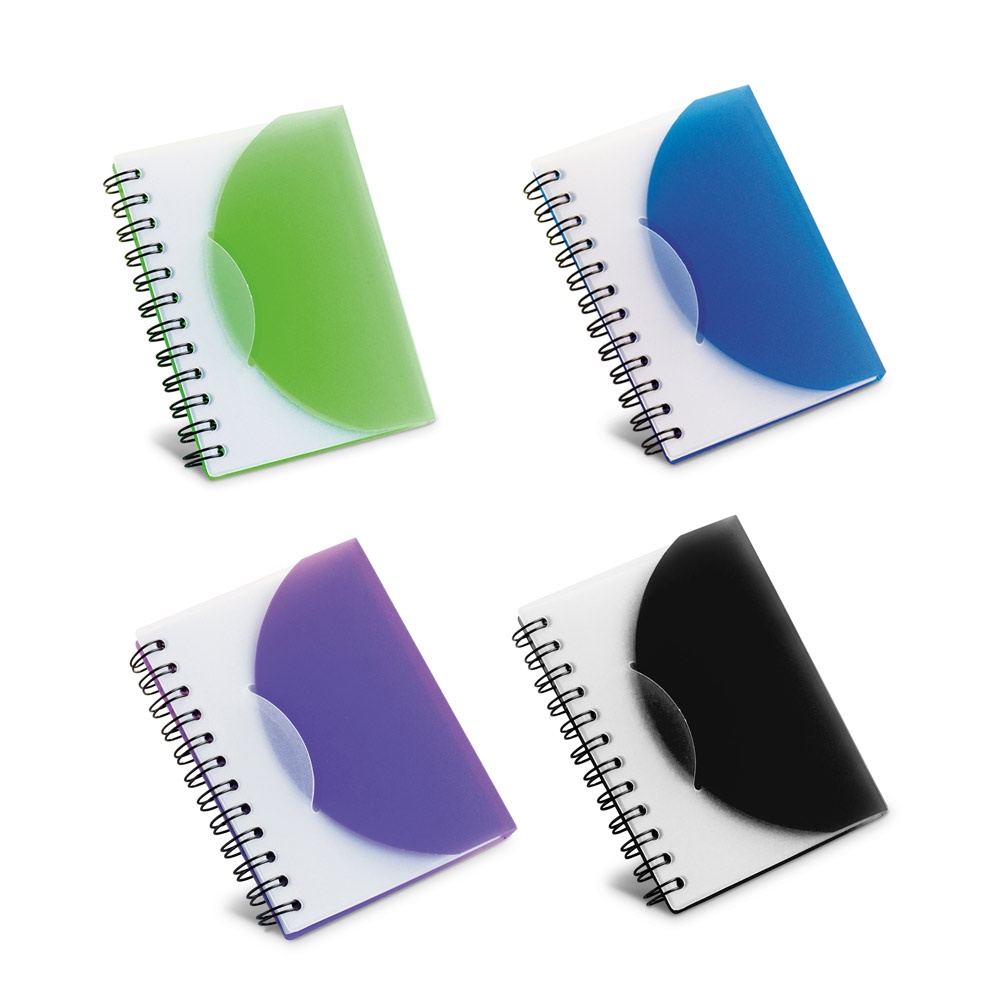 Caderno A7 espiral de capa semi-rígida em PP, com folhas lisas personalizado com a logo da empresa