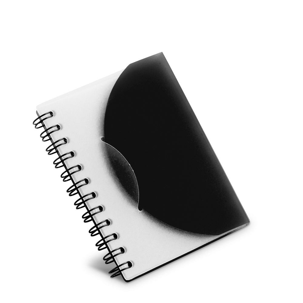 Caderno A7 espiral de capa semi-rígida em PP, com folhas lisas na cor Preto, personalizado com a logo da empresa