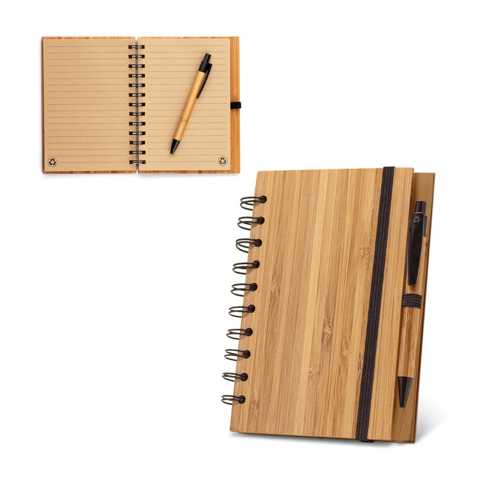 Caderno A5 espiral de capa dura em bambu com caneta personalizado com a logo da empresa