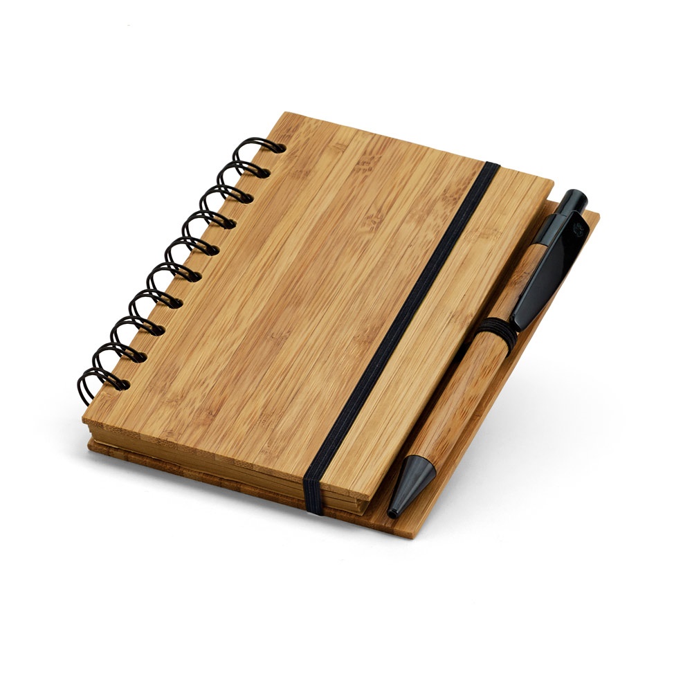 Caderno A6 espiral de capa dura em bambu com caneta