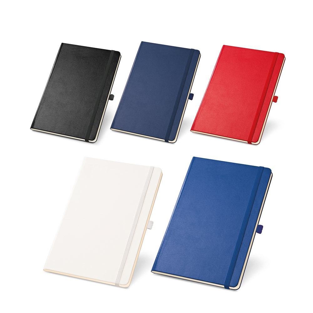 Caderno A5 de capa dura com páginas lisas e porta-caneta personalizado com a logo da empresa