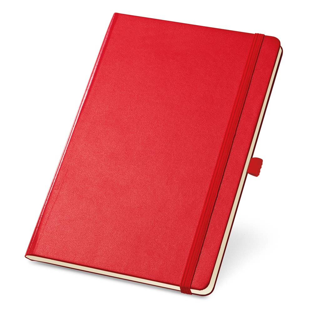 Caderno A5 de capa dura com páginas lisas e porta-caneta personalizado com a logo da empresa, na cor vermelho