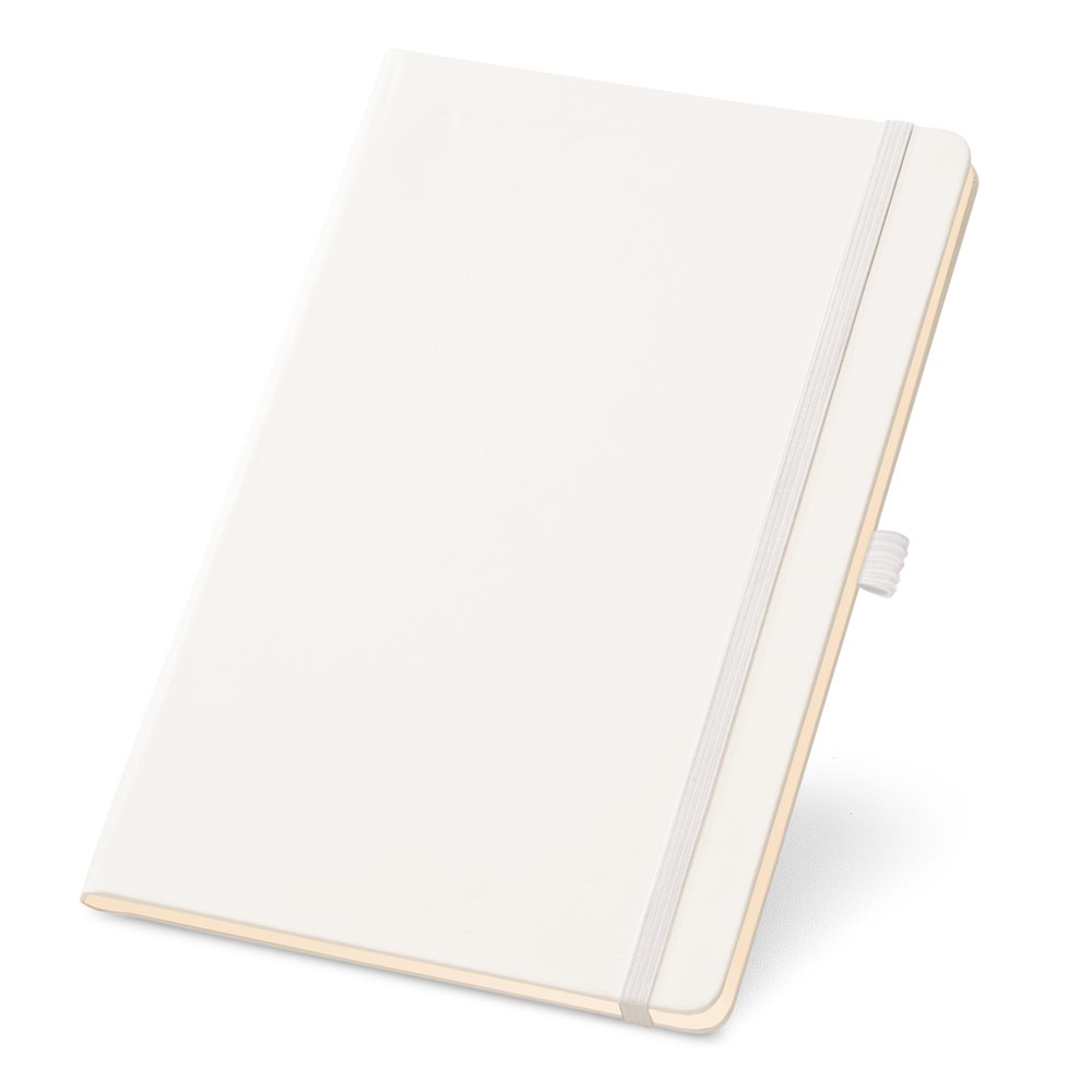 Caderno A5 de capa dura com páginas lisas e porta-caneta na cor Branco, personalizado com a logo da empresa