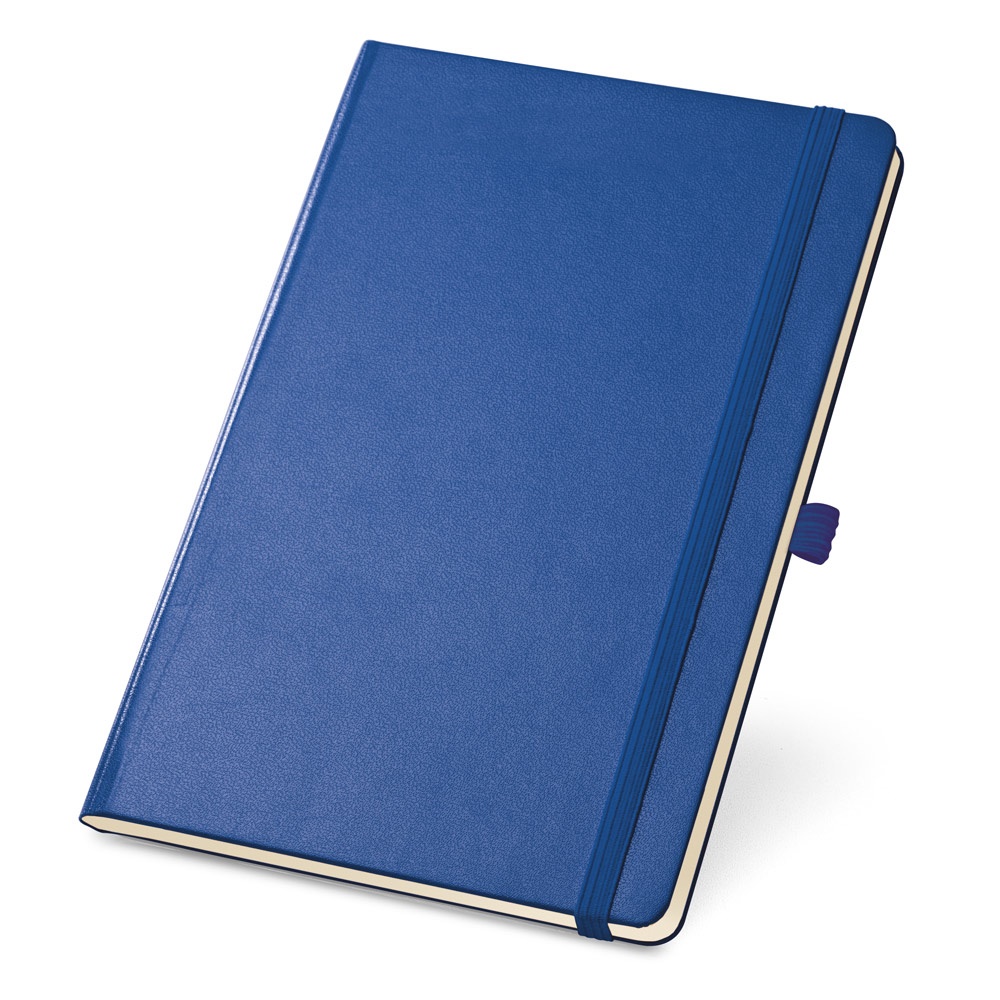 Caderno A5 de capa dura com páginas lisas e porta-caneta personalizado com a logo da empresa, na cor azul royal