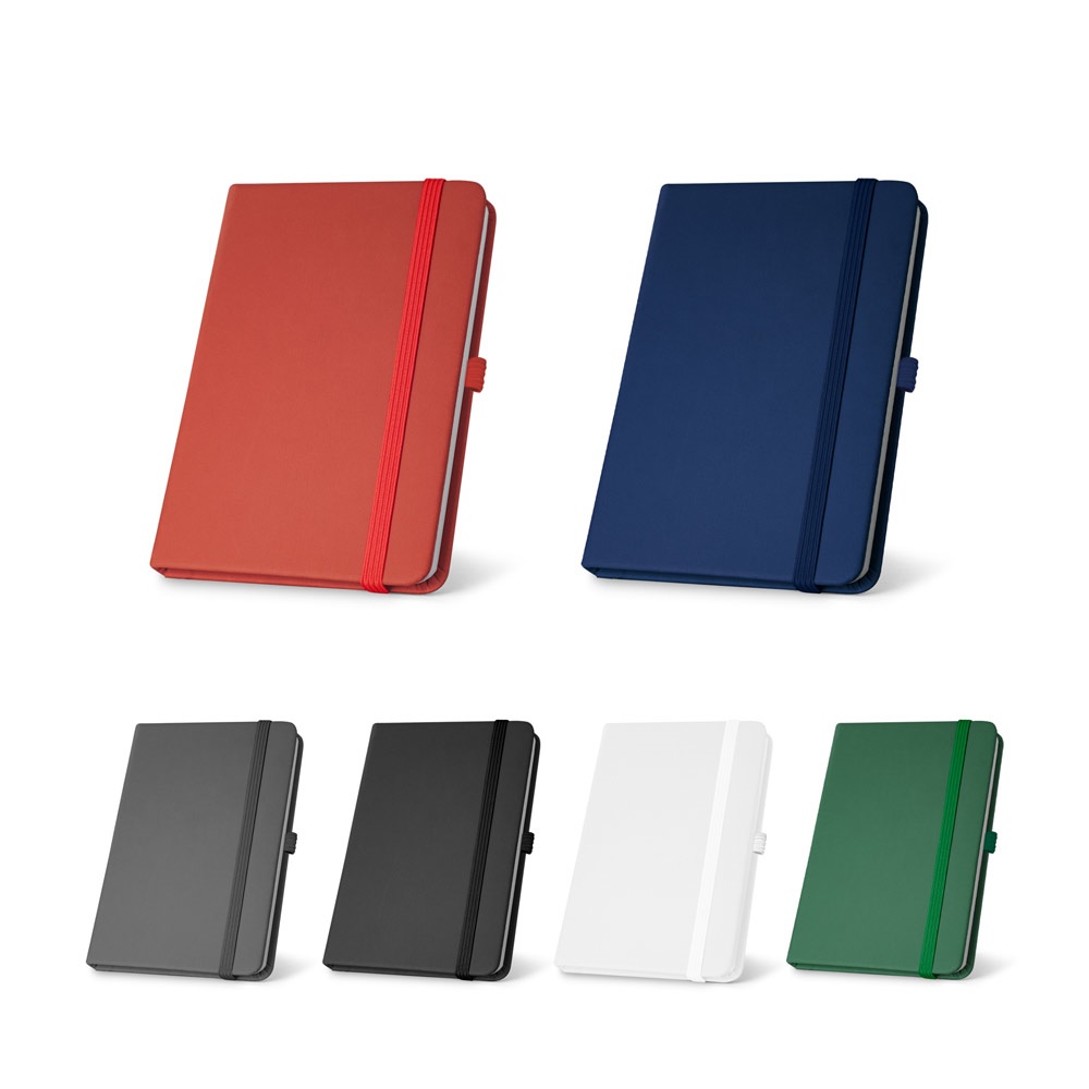 Caderno A5 de capa dura em couro sintético com 160 páginas lisas personalizado com a logo da empresa