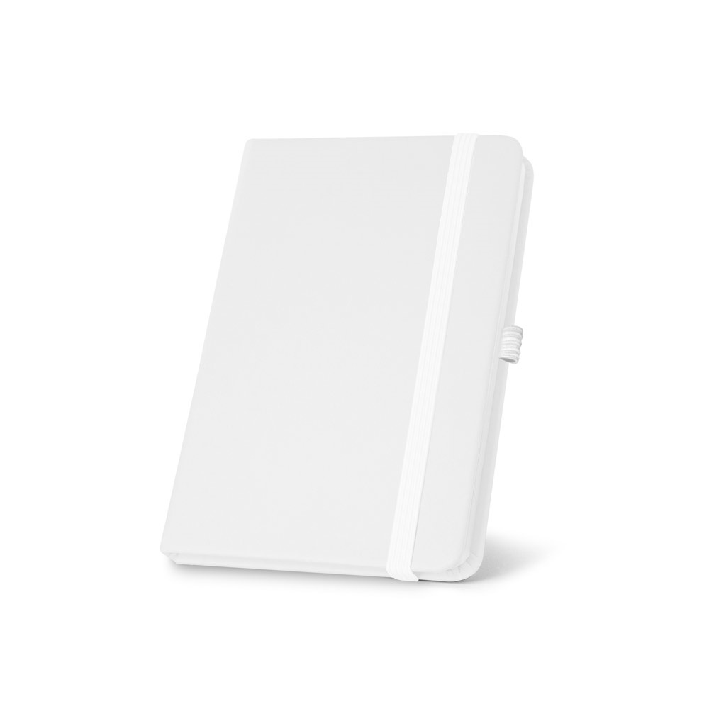 Caderno A5 de capa dura em couro sintético com 160 páginas lisas na cor Branco, personalizado com a logo da empresa
