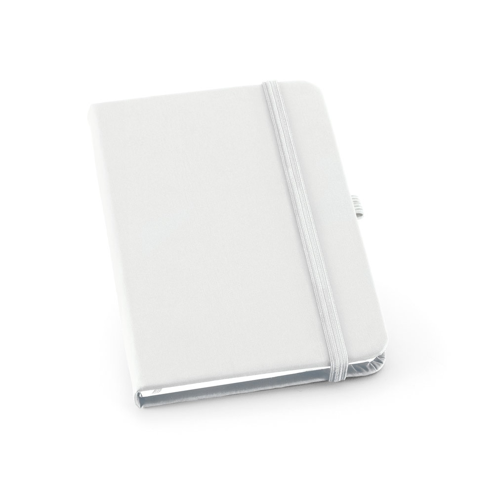 Caderno A6 de capa dura em couro sintético, com páginas lisas na cor Branco, personalizado com a logo da empresa