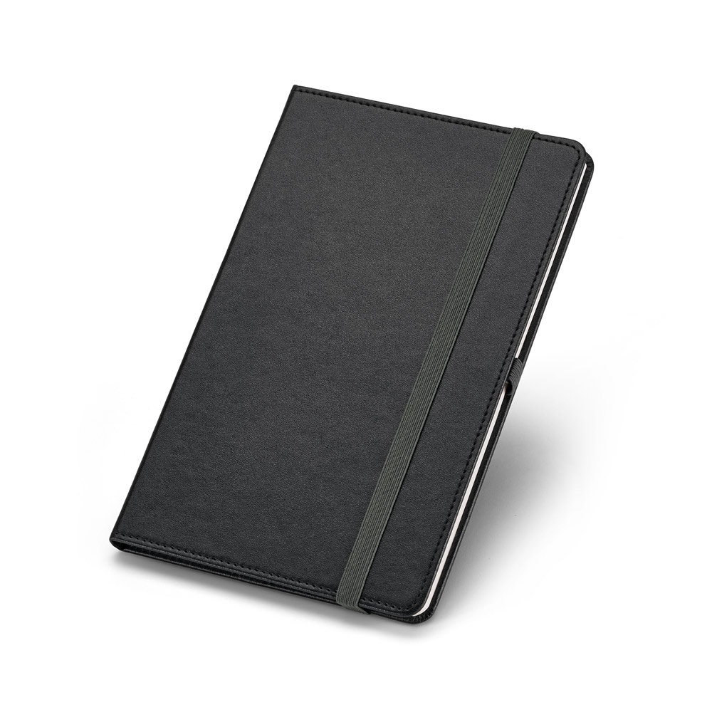 Caderno A5 de capa dura em couro sintético com páginas lisas e caneta na cor Preto, personalizado com a logo da empresa
