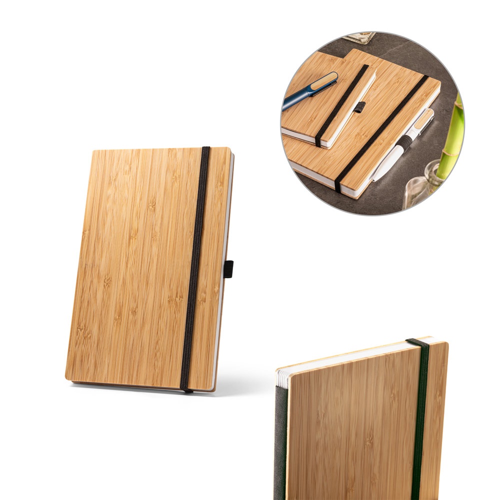 Caderno A5 com capa em placa de bambu e lombada em RPET personalizado com a logo da empresa