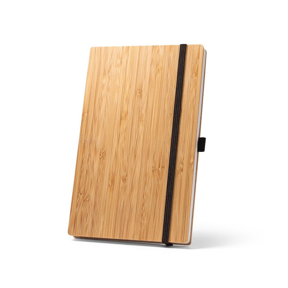 Caderno de bolso com capa em placa de bambu e lombada em RPET na cor Preto, personalizado com a logo da empresa