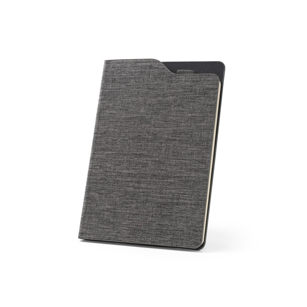 Caderno A5 de capa dura em tecido RPET com porta-caneta no topo