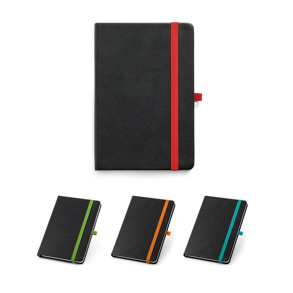 Caderno A5 de capa dura em PU, com páginas pautadas personalizado com a logo da empresa