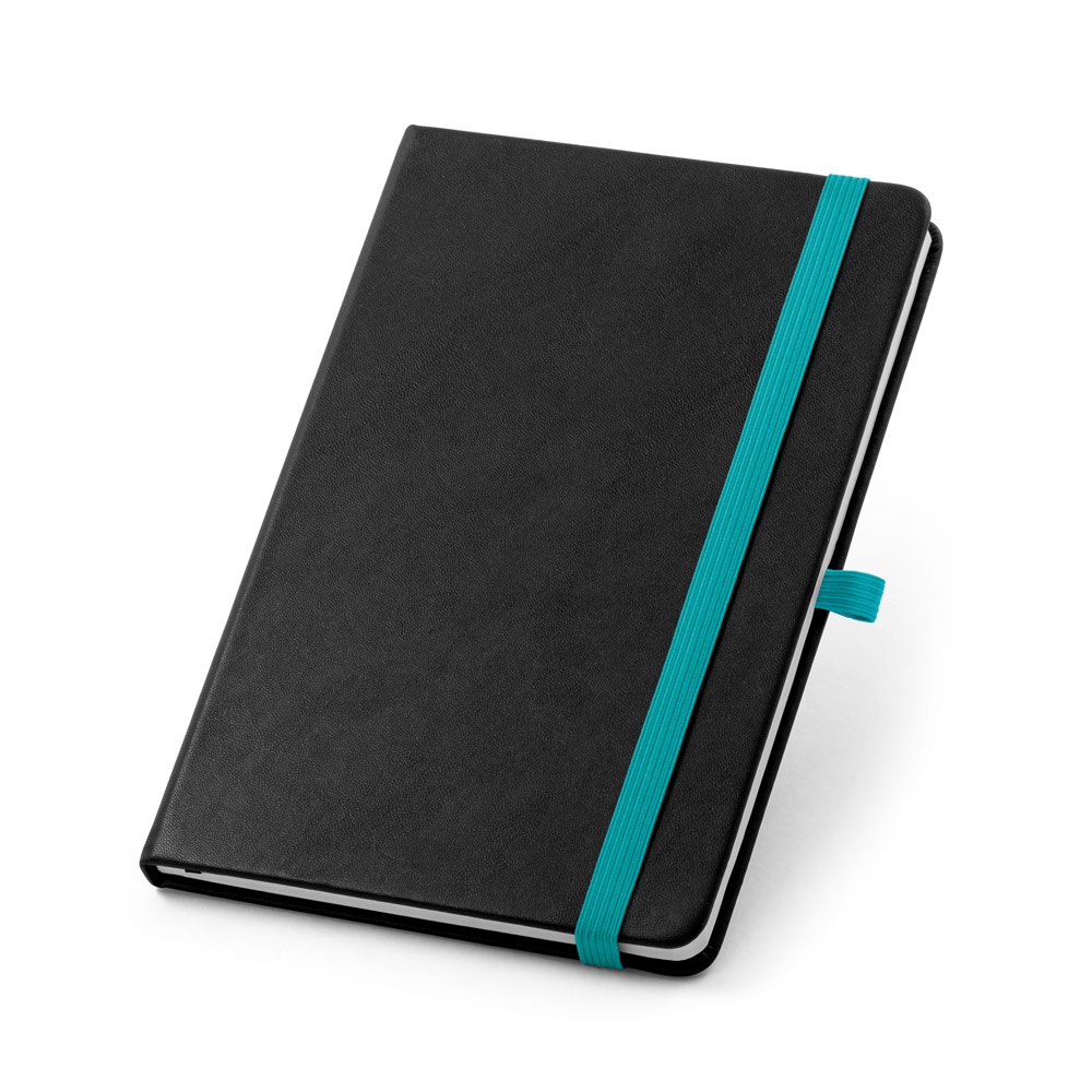 Caderno A5 de capa dura em PU, com páginas pautadas na cor Azul claro, personalizado com a logo da empresa