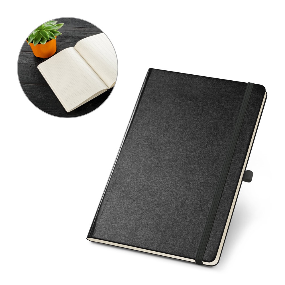 Caderno A5 de capa dura em PVC, com páginas pontilhadas personalizado com a logo da empresa