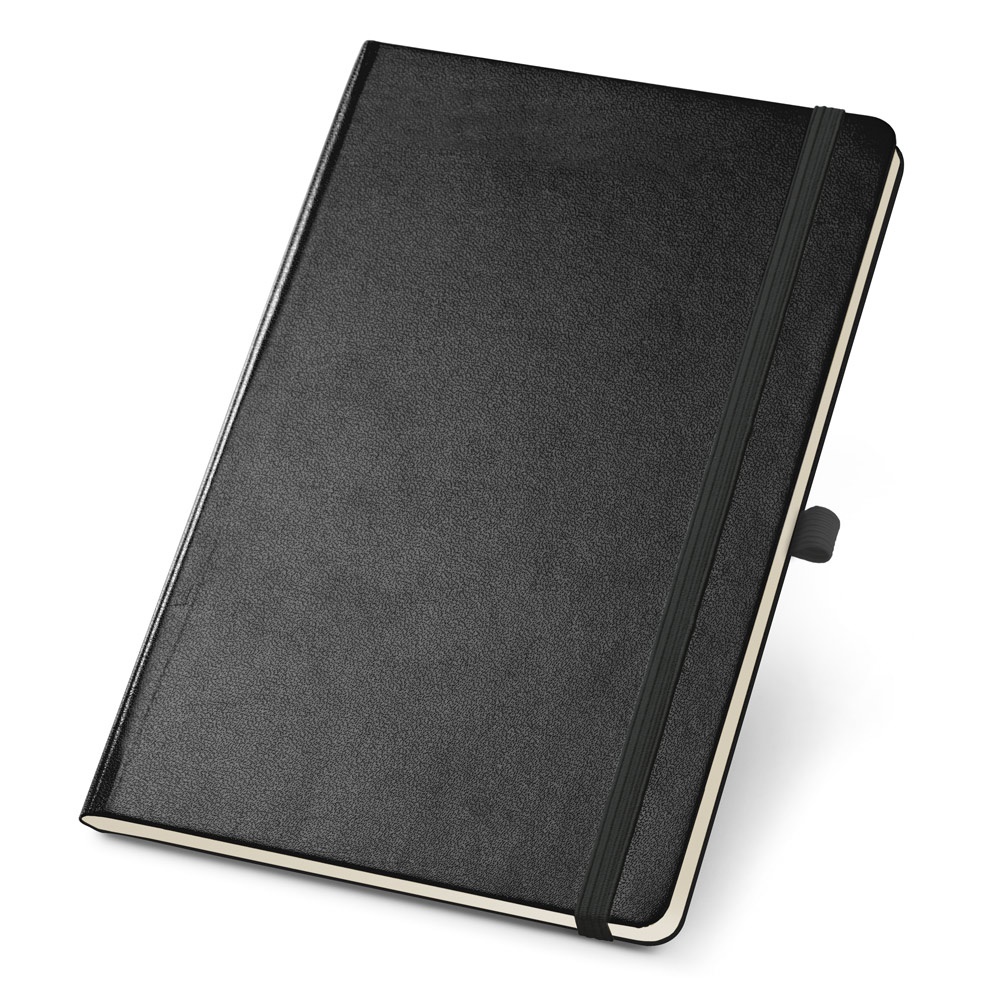 Caderno A5 de capa dura em PVC, com páginas pontilhadas na cor Preto, personalizado com a logo da empresa