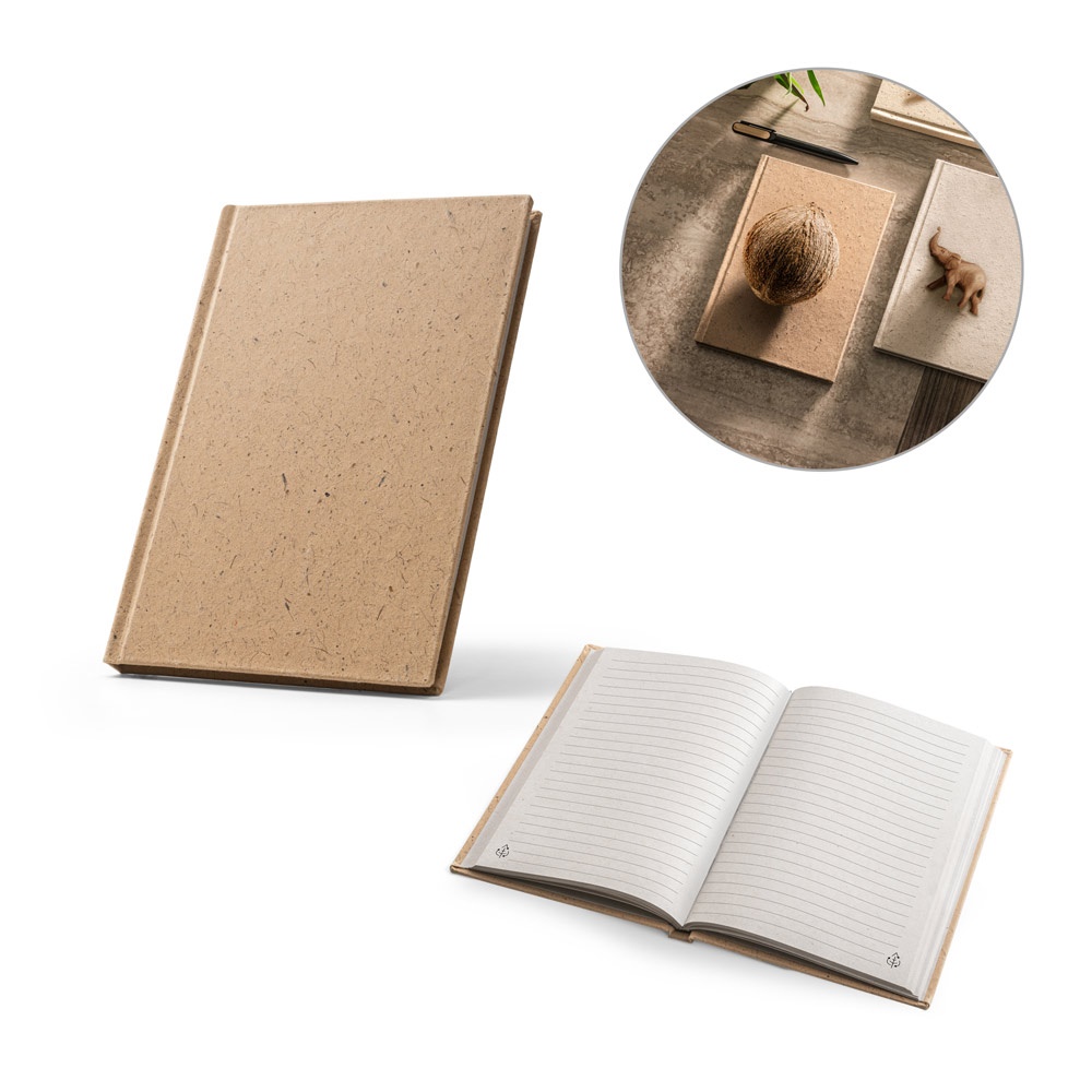 Caderno A5 de capa dura em casca de coco e algodão reciclado personalizado com a logo da empresa